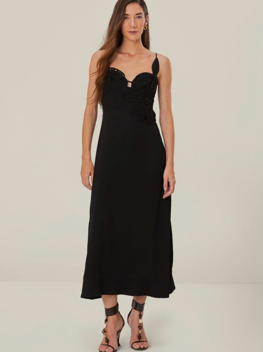 FARM Rio Black Crochet-Detail Midi Slip Dress